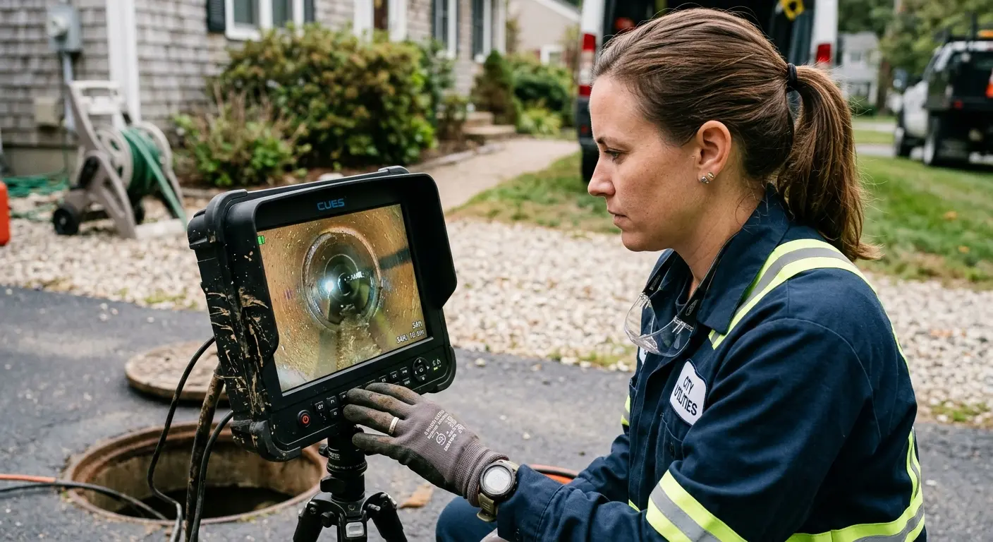 Technician reviewing sewer camera inspection footage in Helena Valley Northwest