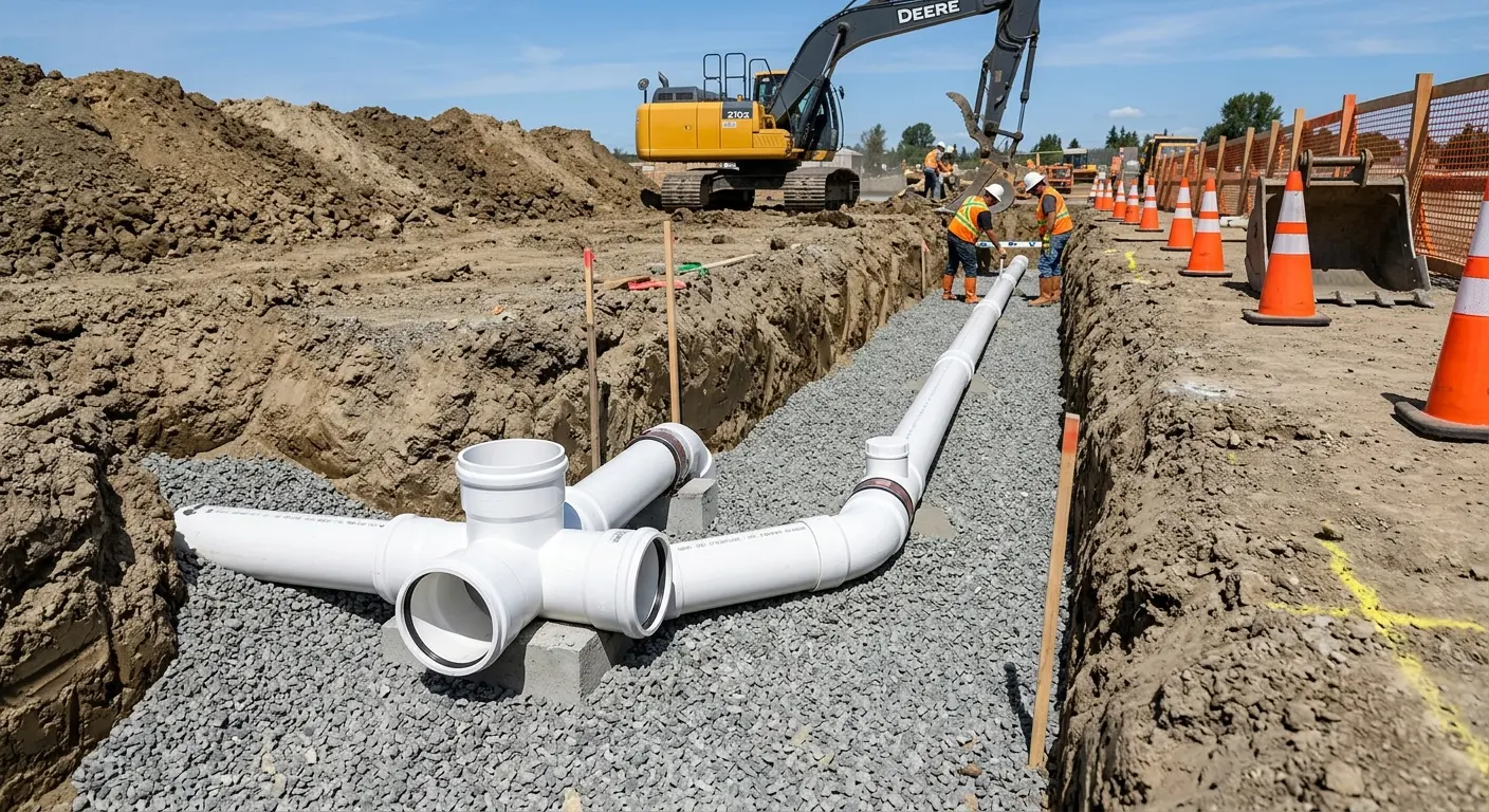 New PVC sewer pipe installation in open trench for Sewer Backup in Helena Valley Northwest