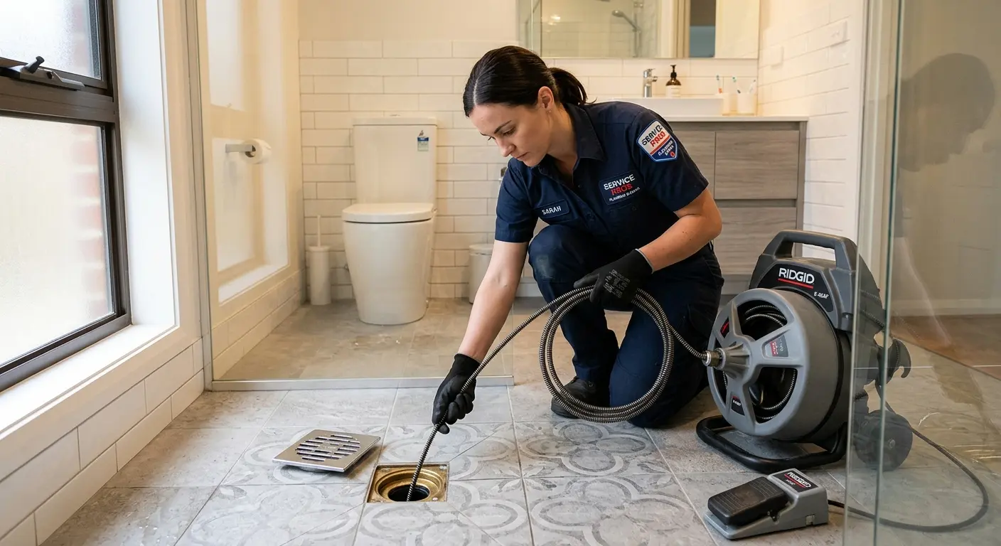Technician clearing a bathroom floor drain for Hydro Jetting in Helena Valley Northwest